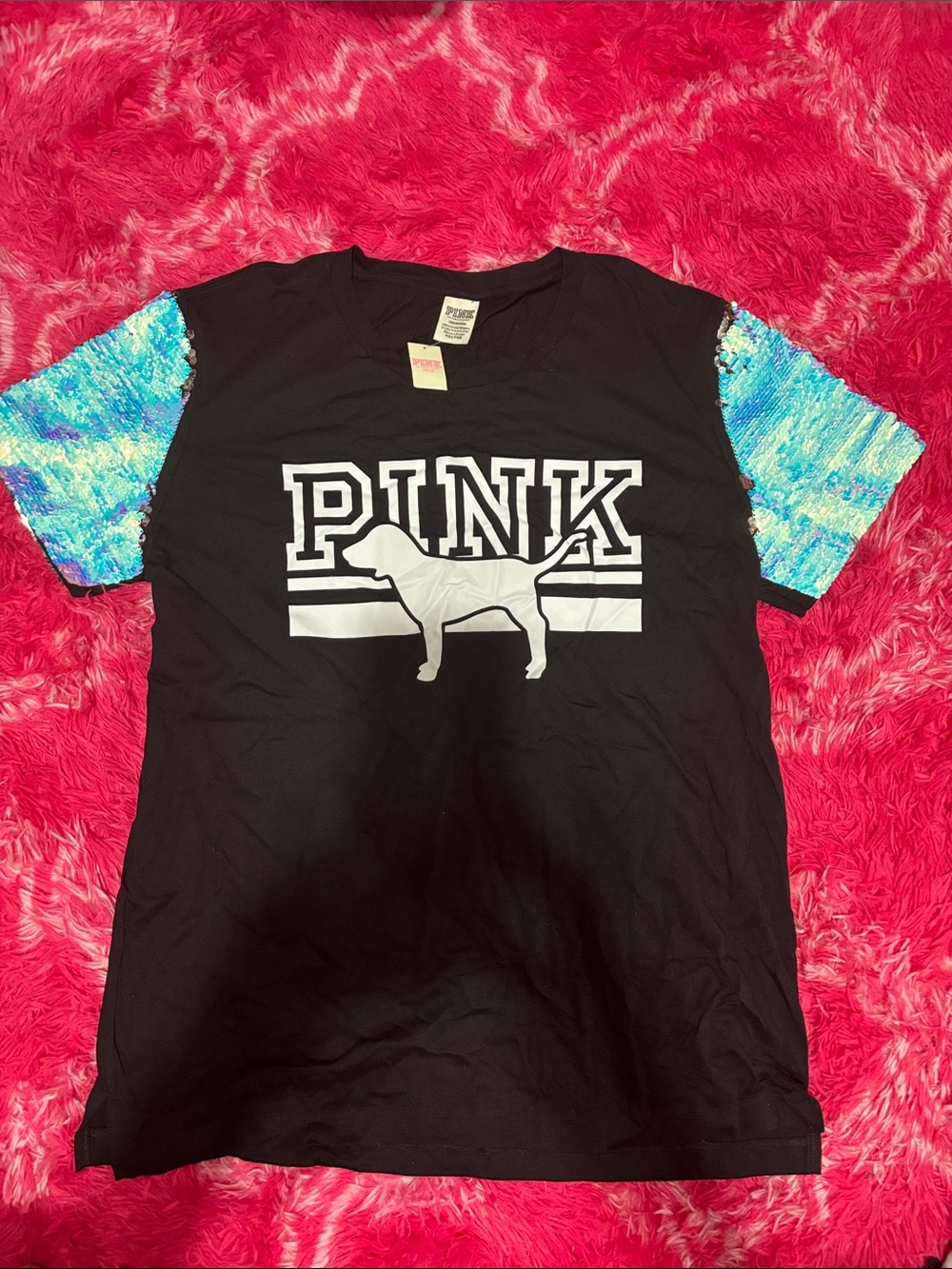 PINK Victoria's Secret Black Bling Tee with Sequin Sleeves